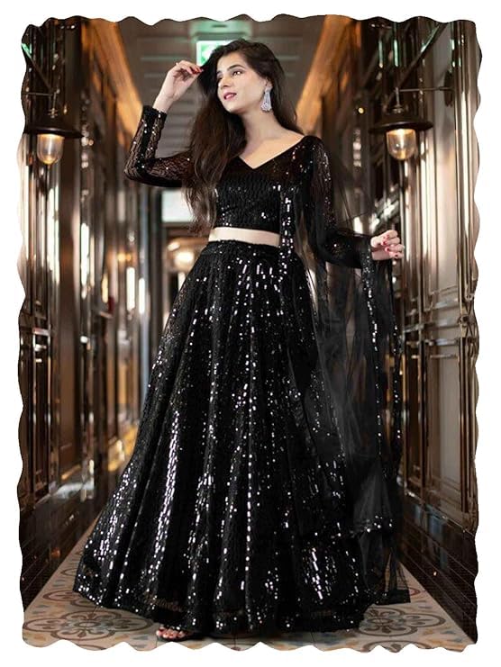 Black Net Sequin Lehenga Choli for Women | Wedding, Reception & Part wear Heavy Work | Semi Stitched Lehenga Unstitched Blouse.-image-25