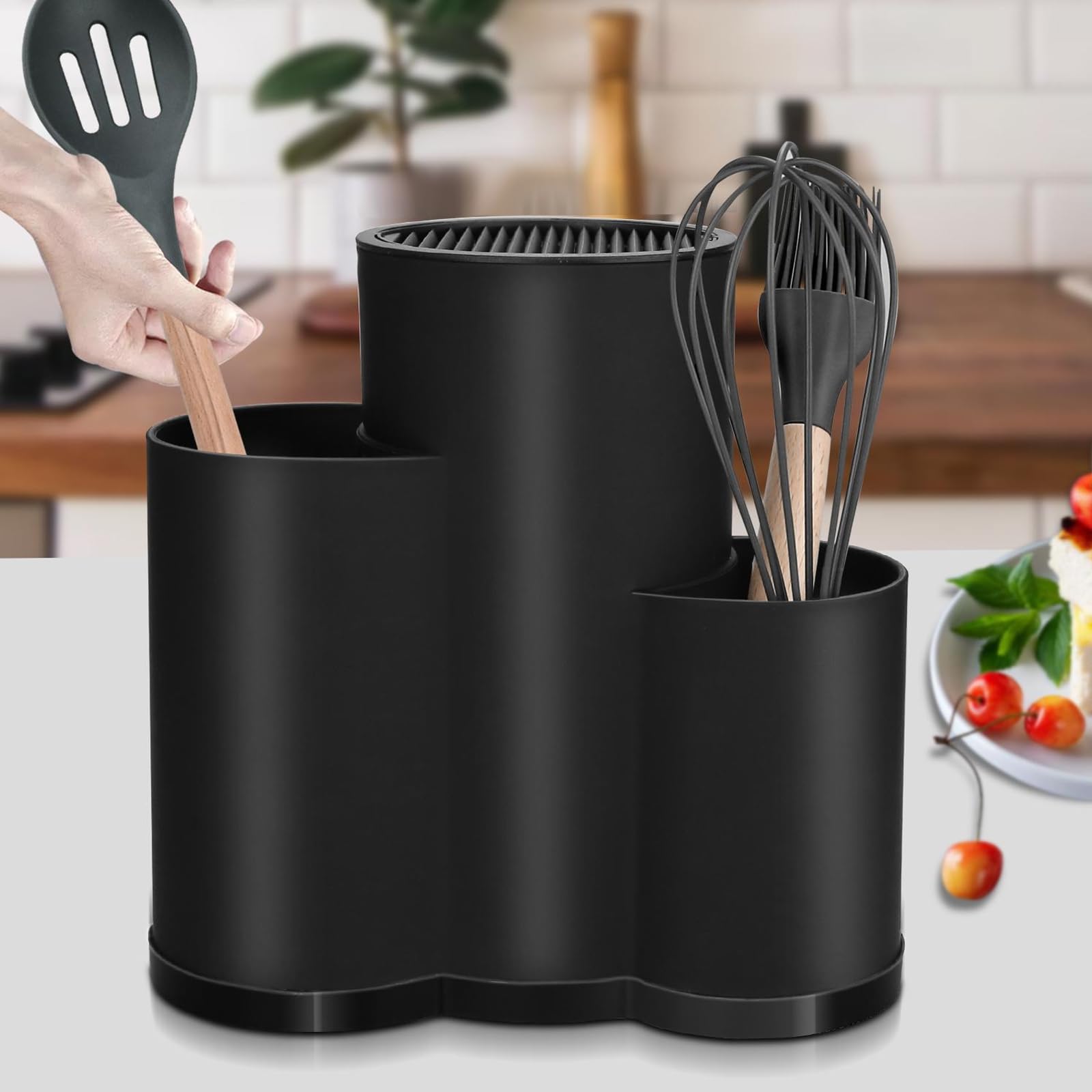 Porte-couteau Rotatif Tyenaza Blanc - Bac Récupérateur Amovible, Fente Pour Ciseaux, Rangement Comptoir - 3