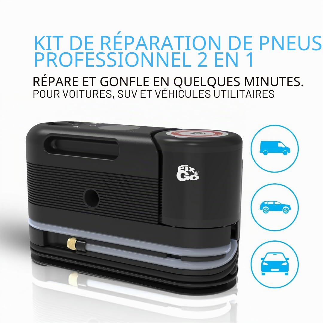 Fix&Go Sensor - Kit de réparation de pneus de voiture avec compresseur d'air portable 12 V - Système de contrôle électronique du mastic - Compatible TPMS - Pour voitures, SUV et véhicules électriques