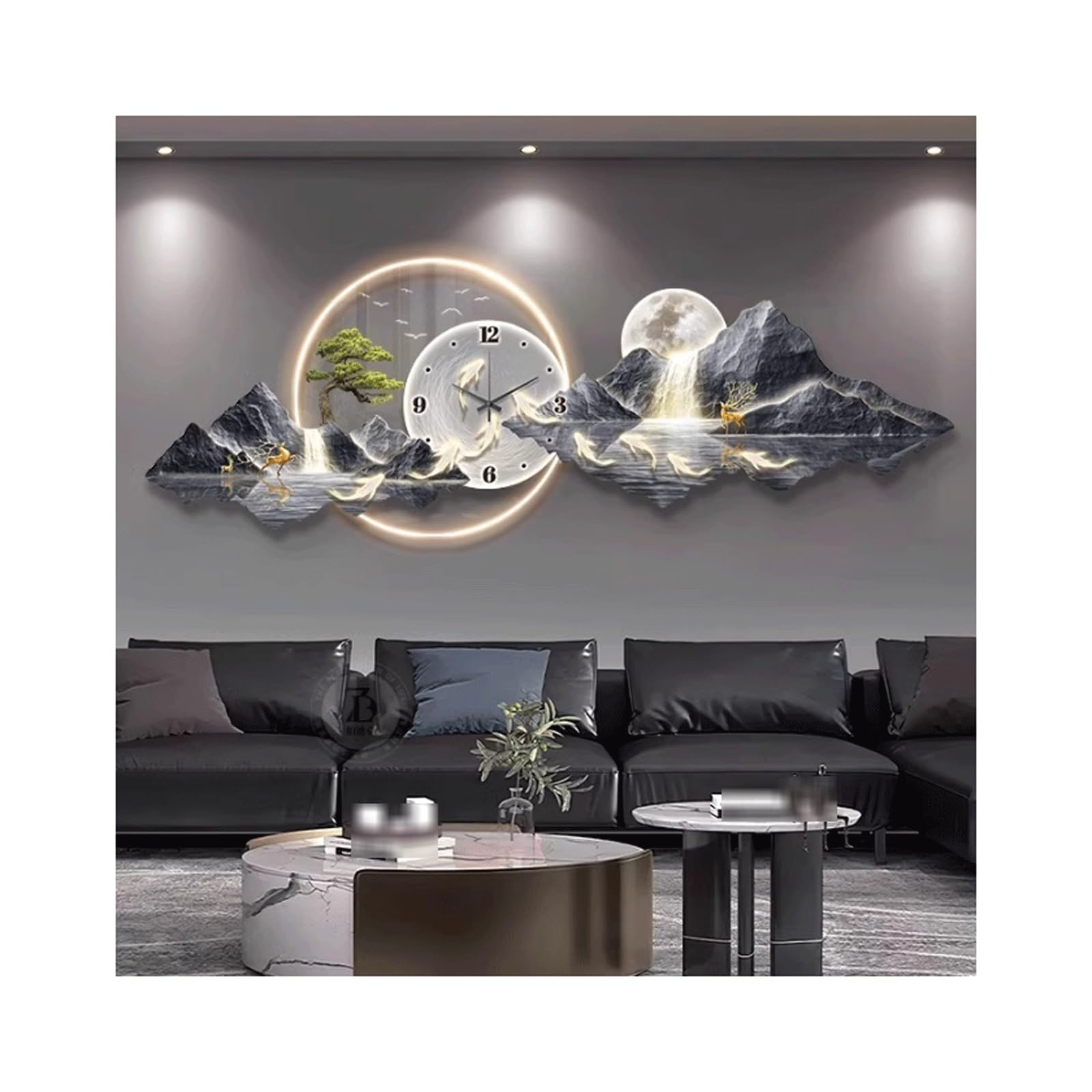 Decoración de Arte de Pared de Paisaje 3D con Reloj Tradicional Chino Nueve Pintura de Pared de Pescado con montañas ríos y Luna Mural de Entrada iluminada para Sala