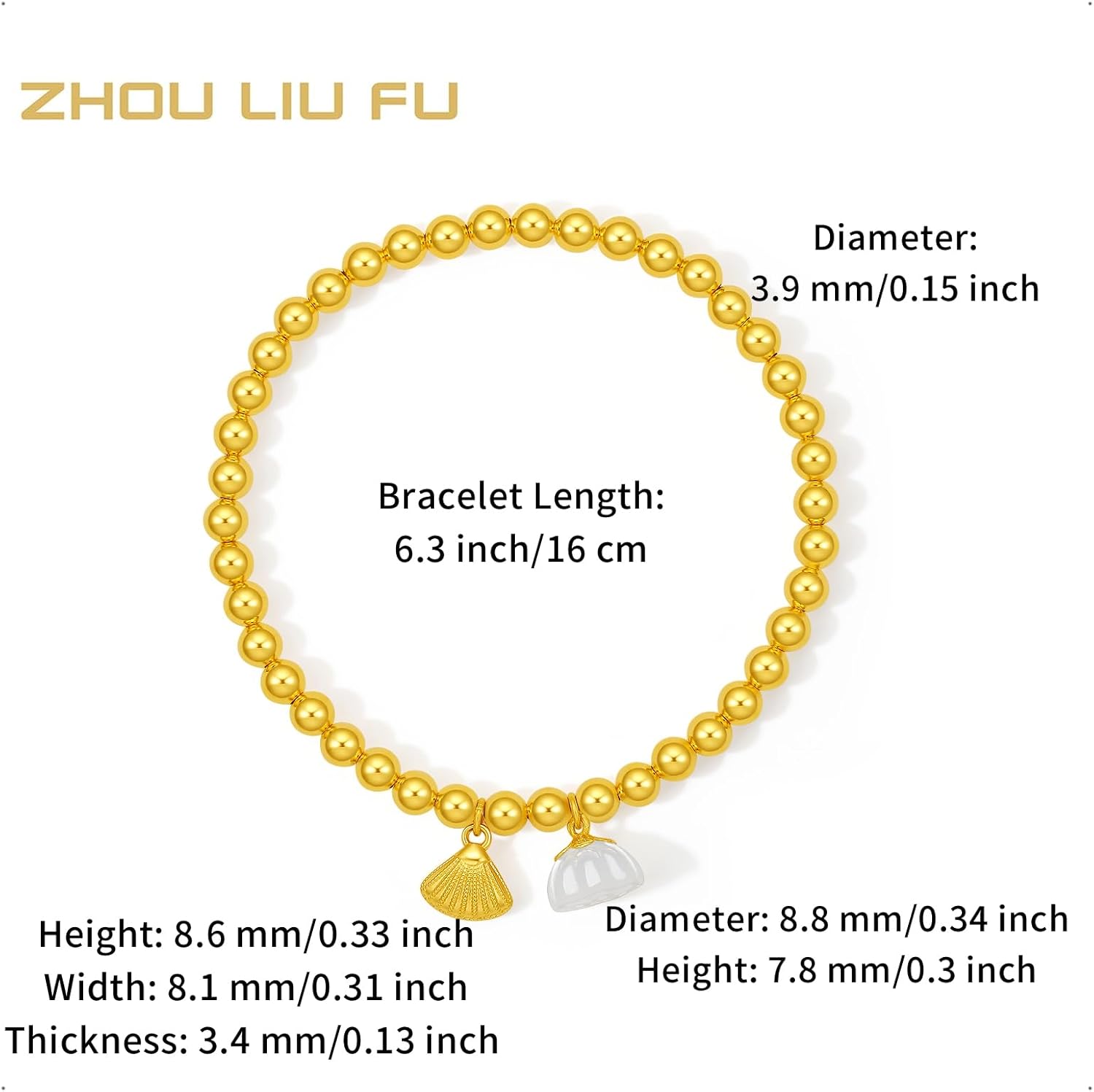 24K Solid Gold Beaded Bracelets White Jade Lucky Lotus Seedpod Stretch Bracelet Pure Gold Shell Charm Bracelet Fashion Jewelry for Women Wife Mom 6.3" Y1913654 - Image 2