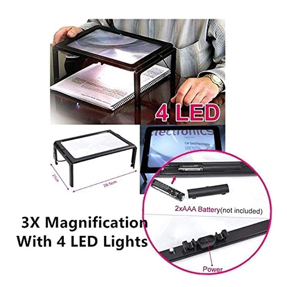 Lupa de Lectura Rectangular A4 de 3 aumentos para página Completa, con Manos Libres, Plegable y Grande, con 4 Luces LED, Ideal para Personas Mayores.
