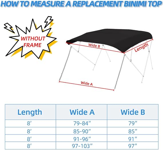 4 Bow Marine Grade Fade and Crack Resistant Bimini Top Replacement Cover, Heavy-Duty Waterproof and UV-proof Sun Shade Boat Canopy, Easy Install Zipper Sleeve Boat Awning/Without Frame,Black