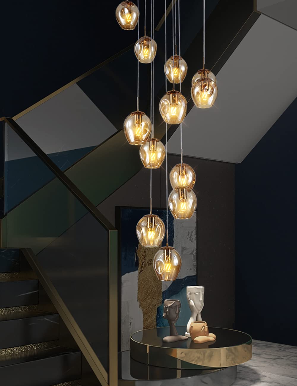 Pendelleuchte 10 Flammig Treppenhaus Glaskugeln Lampe Lang Decke Hängelampe,Längenverstellbare Hängeleuchte Kugelleuchte,Kugel Glas Hängend Deckenleuchte für Galerie,Treppenspirale,Flur