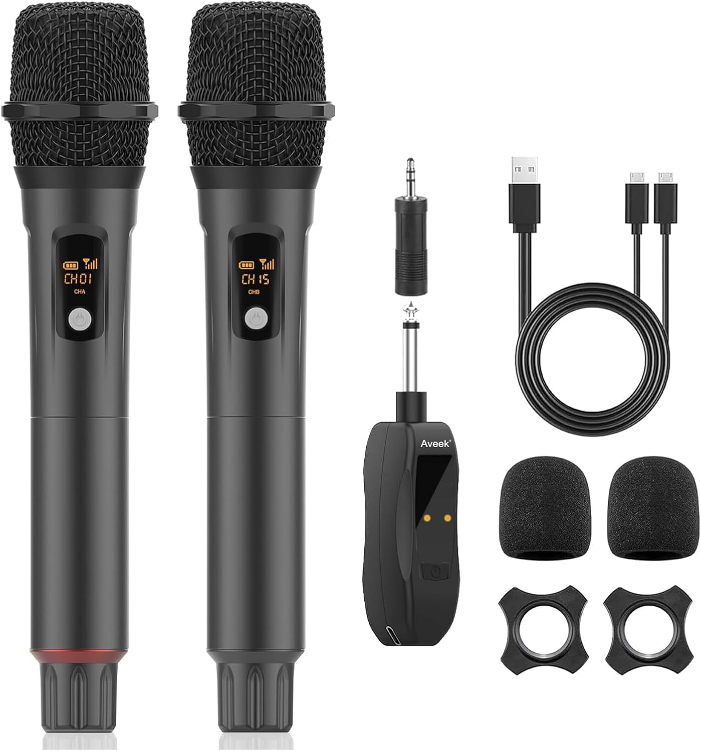Aveek Wireless Microphone for Karaoke, Professional Handheld Microphone for Singing with Rechargeable Receiver, Cordless Karaoke Mic for Speaker, Pa System, Dj, Party, Speech(2pcs)