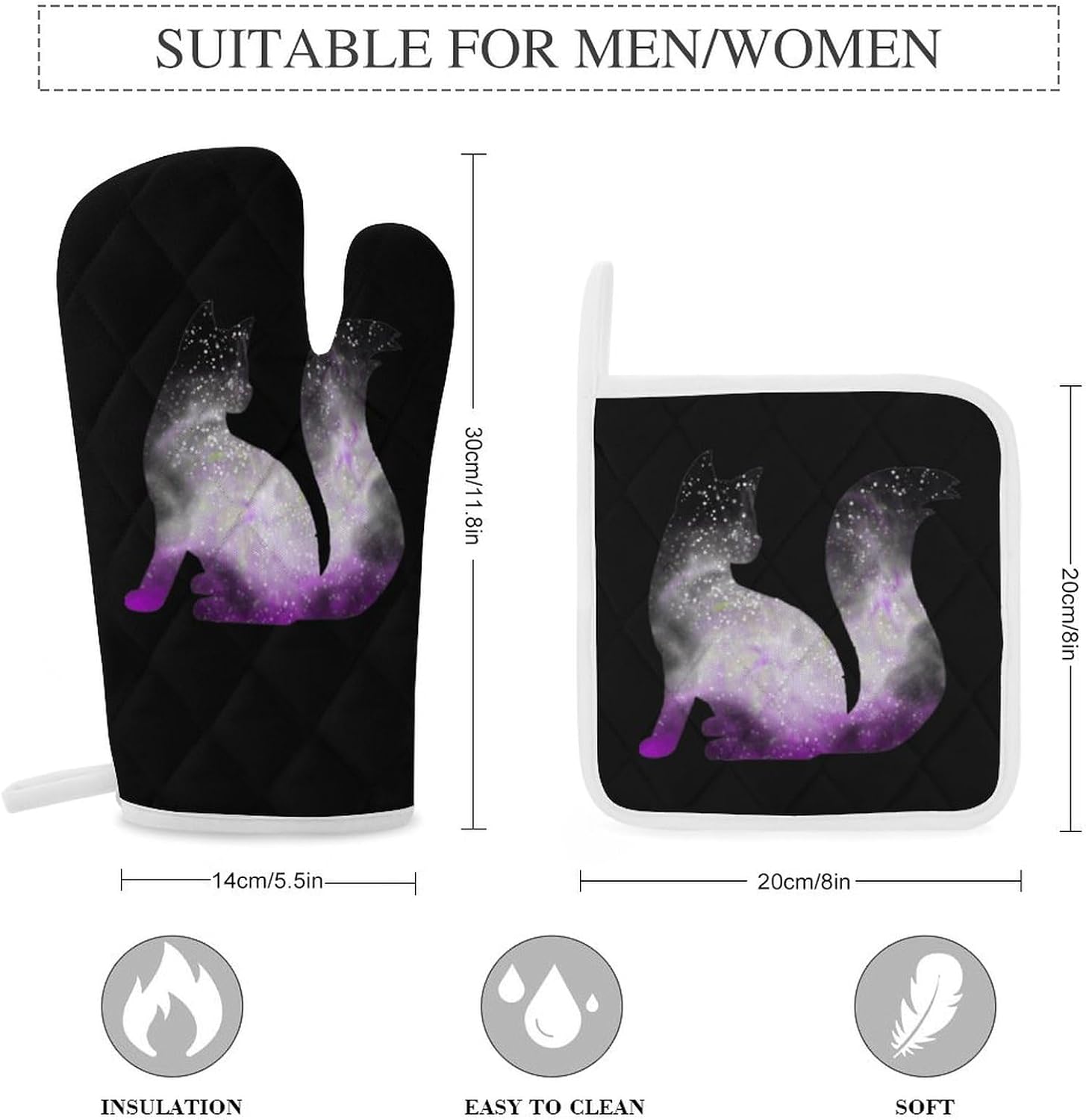Asexual Space Cat Print Oven Mitts and Pot Holders 3 Piece Sets Heat Resistant Gloves Hot Pads Potholders for Kitchen Baking Cooking
