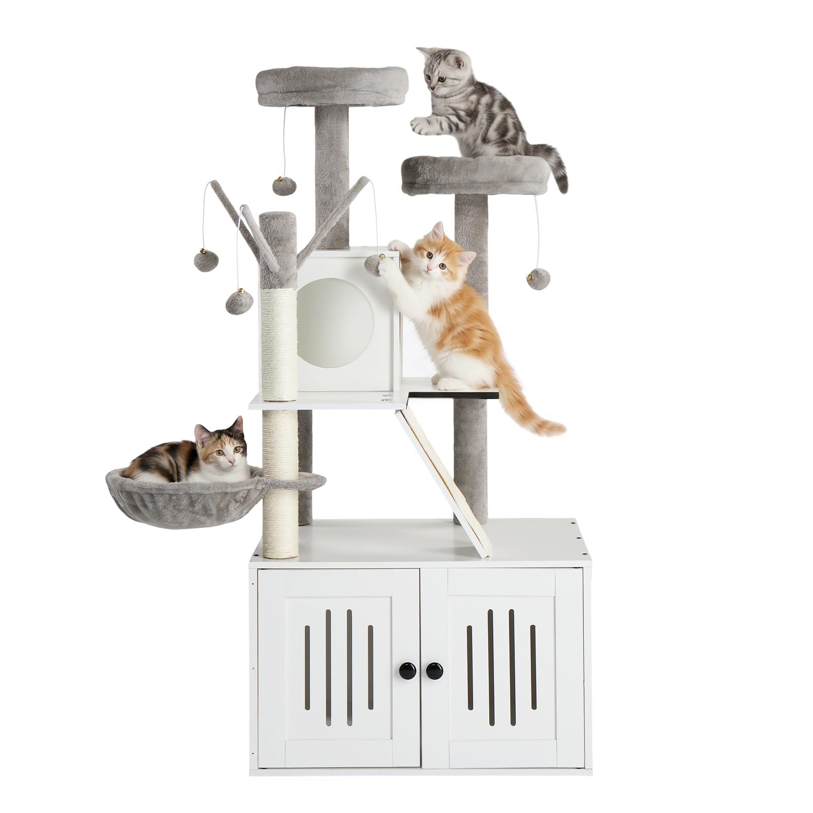LEADZM Kratzbaum mit Katzenklo-Schrank, 137 cm hoch, 2-in-1 Katzenbaum, Multifunktionaler Katzenkratzbaum - Mit Sisalsäule und Plüschball, Mehrere Farben erhältlich (Weiß)