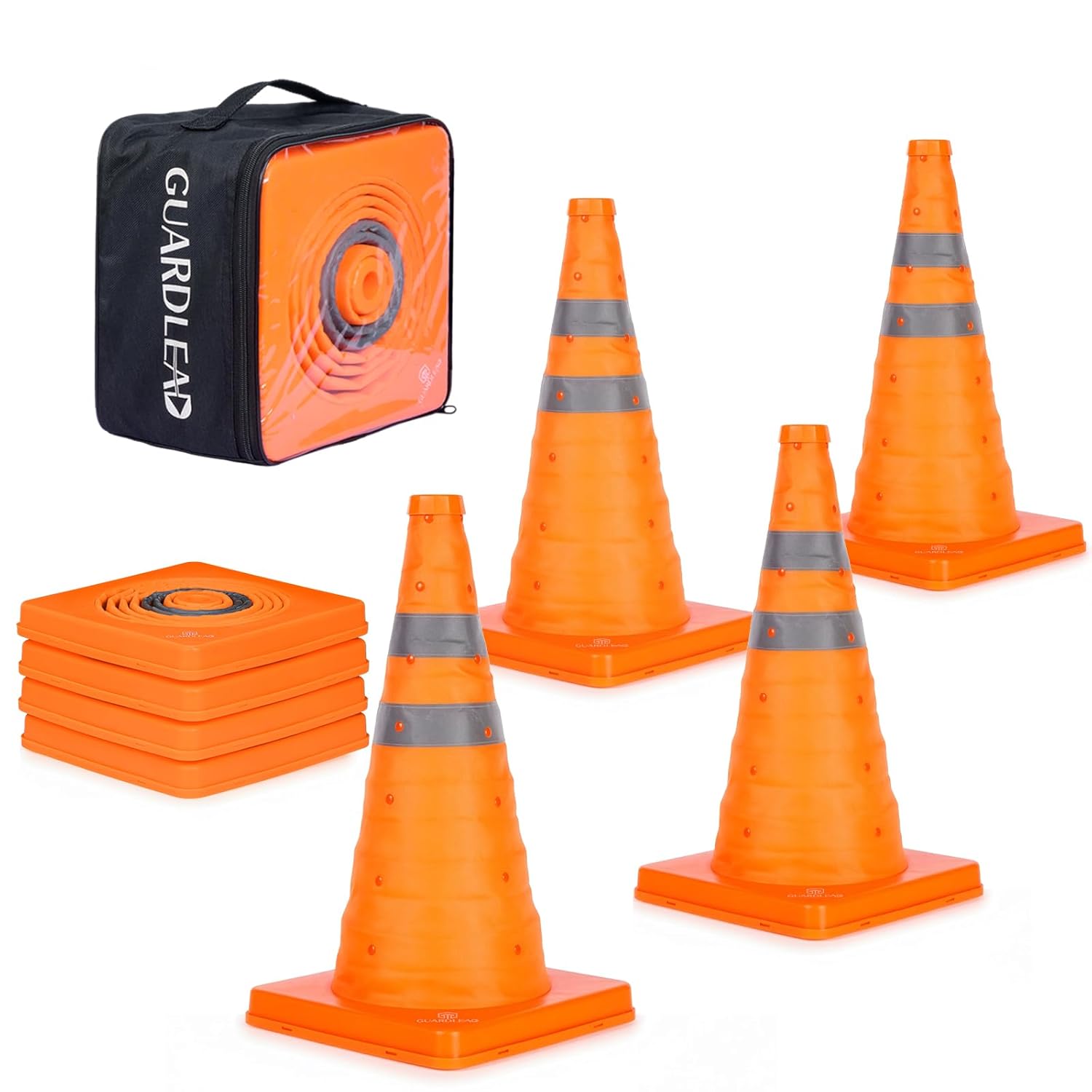 4 Pack 28 inch Collapsible Traffic Cones with LED Light, Safety Cones with Reflective Collars, Multi Purpose Pop Up Extendable Road Safety Cone by GUARDLEAD