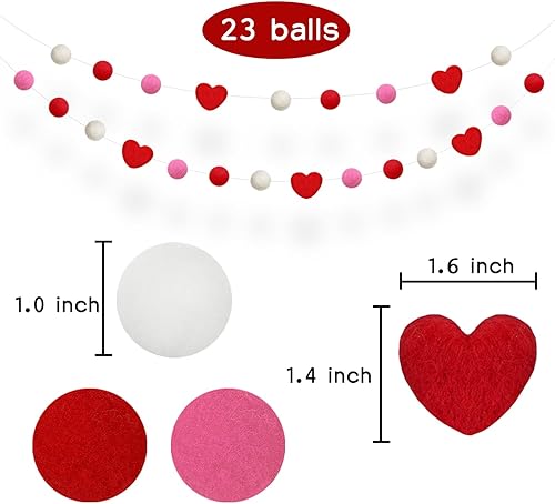 Vista 7 de Guirnalda de bola de fieltro para el día de San Valentín, guirnalda de pompones de corazón rosa y blanco para árbol del hogar, día de San Valentín
