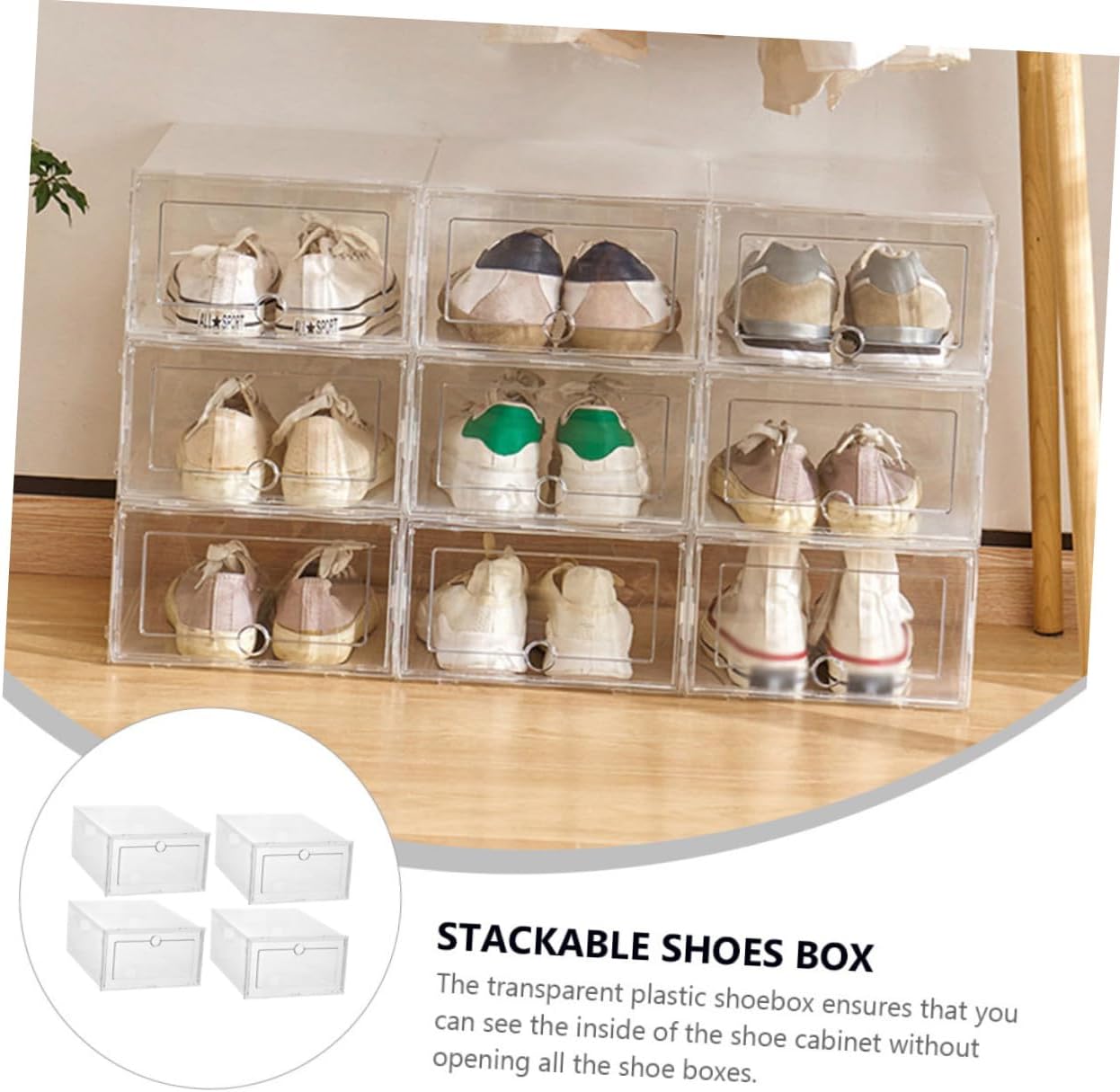 4pcs Transparent Stackable Shoe Storage Boxes Organizer Thickened PP Material Shoe Containers for High Heels Sneakers Boots for Closet Entryway