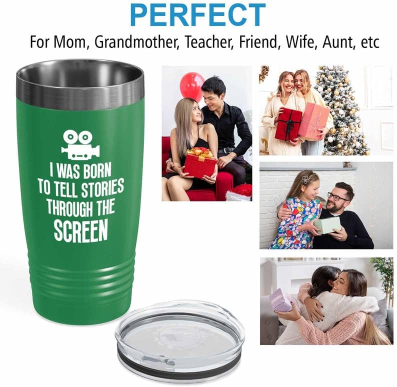 Filmmaker Green Tumbler 20oz - tell stories through the screen - Filmmaker Gifts Camera Lens Cut Prop Director Movie Film Scriptwriter