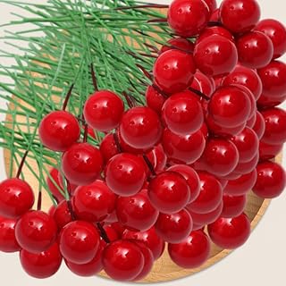 50Pcs Artificial Holly Berries Mini Simulation Cherry Stamen Fake Berry Beads Wedding Party Xmas New Year Home Decors,Red