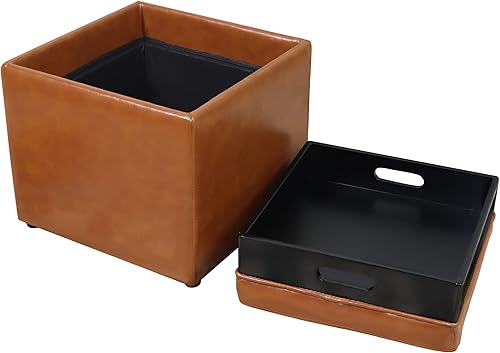 Miniatura 4 de Otomana cuadrada de almacenamiento con bandeja de piel sintética tapizada reposapiés taburete silla asiento como mesa auxiliar lateral para sala de