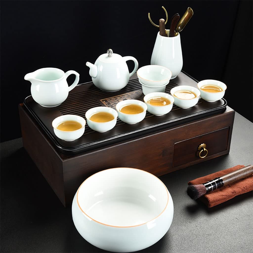 DFGHNBVC Tea Serving Tray,Double Layer Design,Drawer Design, Metal Handle,Chinese Gongfu Tea Table Serving,Easy Drainage,F