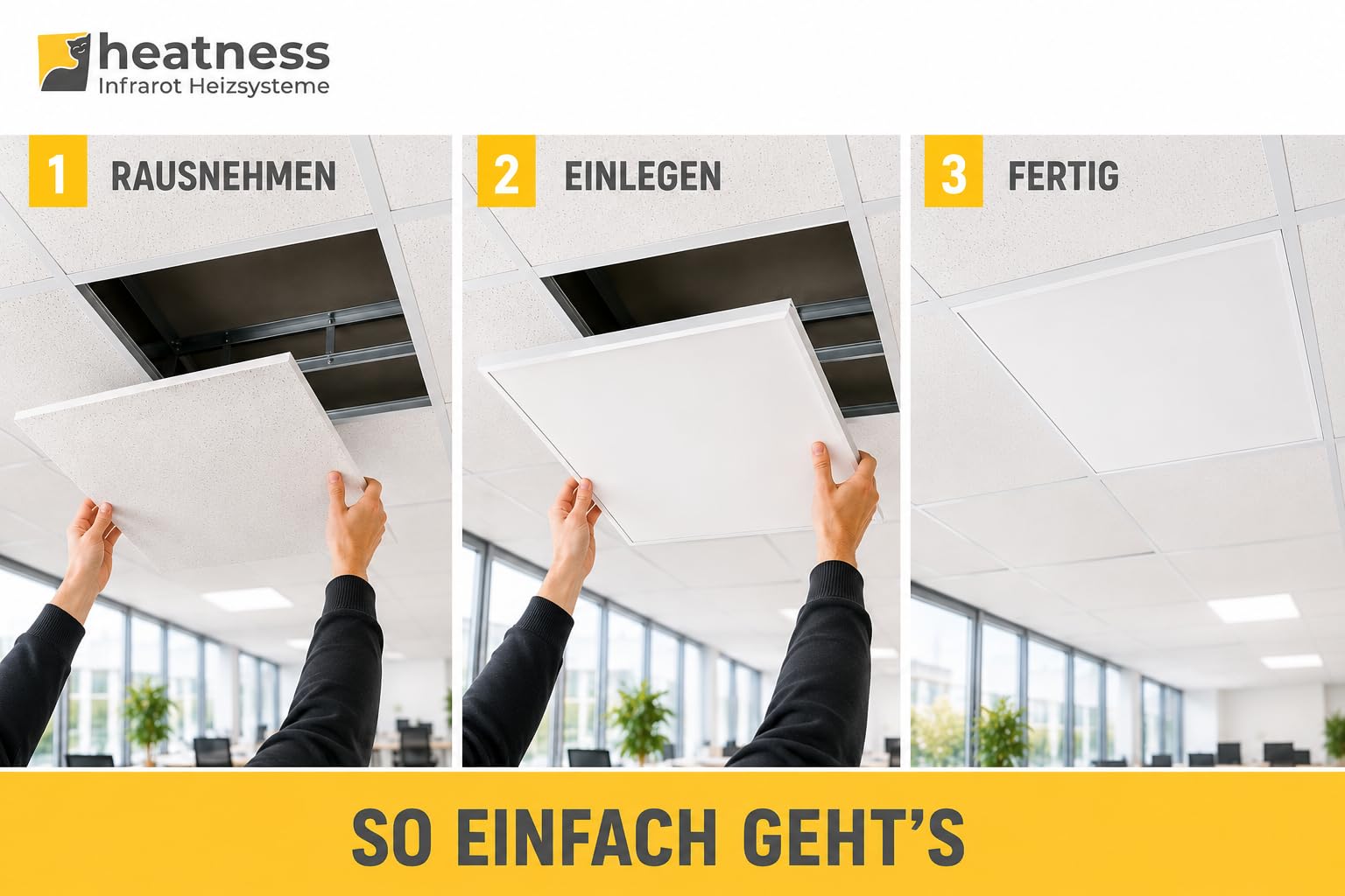 heatness Riscaldamento da soffitto a griglia 62 × 62 cm con cornice – Pannello riscaldante a infrarossi per soffitti a griglia in ufficio, pratica e spazio abitativo – calore rapido, efficiente dal