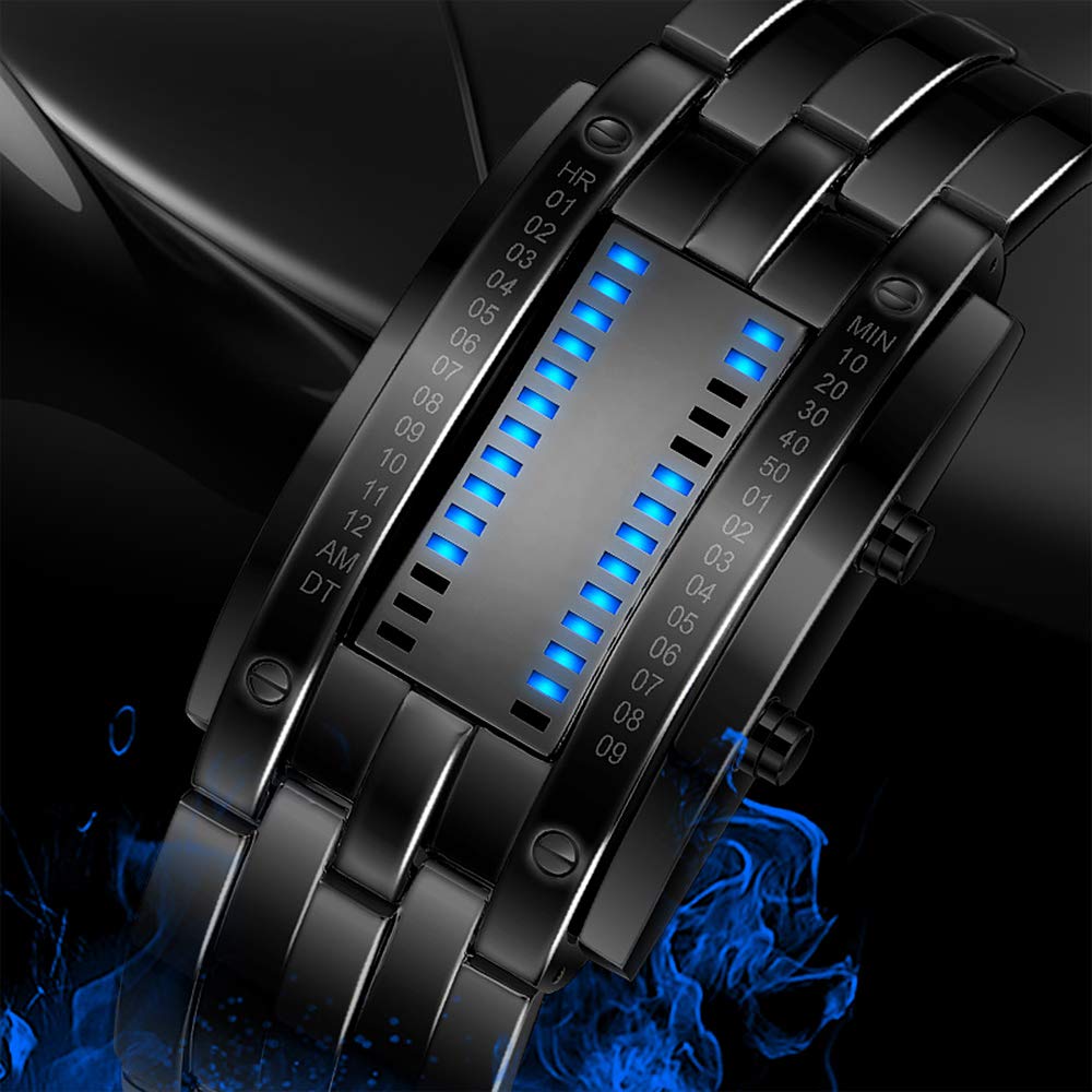 Unisex Binär Digitale Uhren Schwarz Edelstahl Fashion Casual Stil Eckig Zifferblatt Blau LED Licht Einzigartig Armbanduhren Kalender
