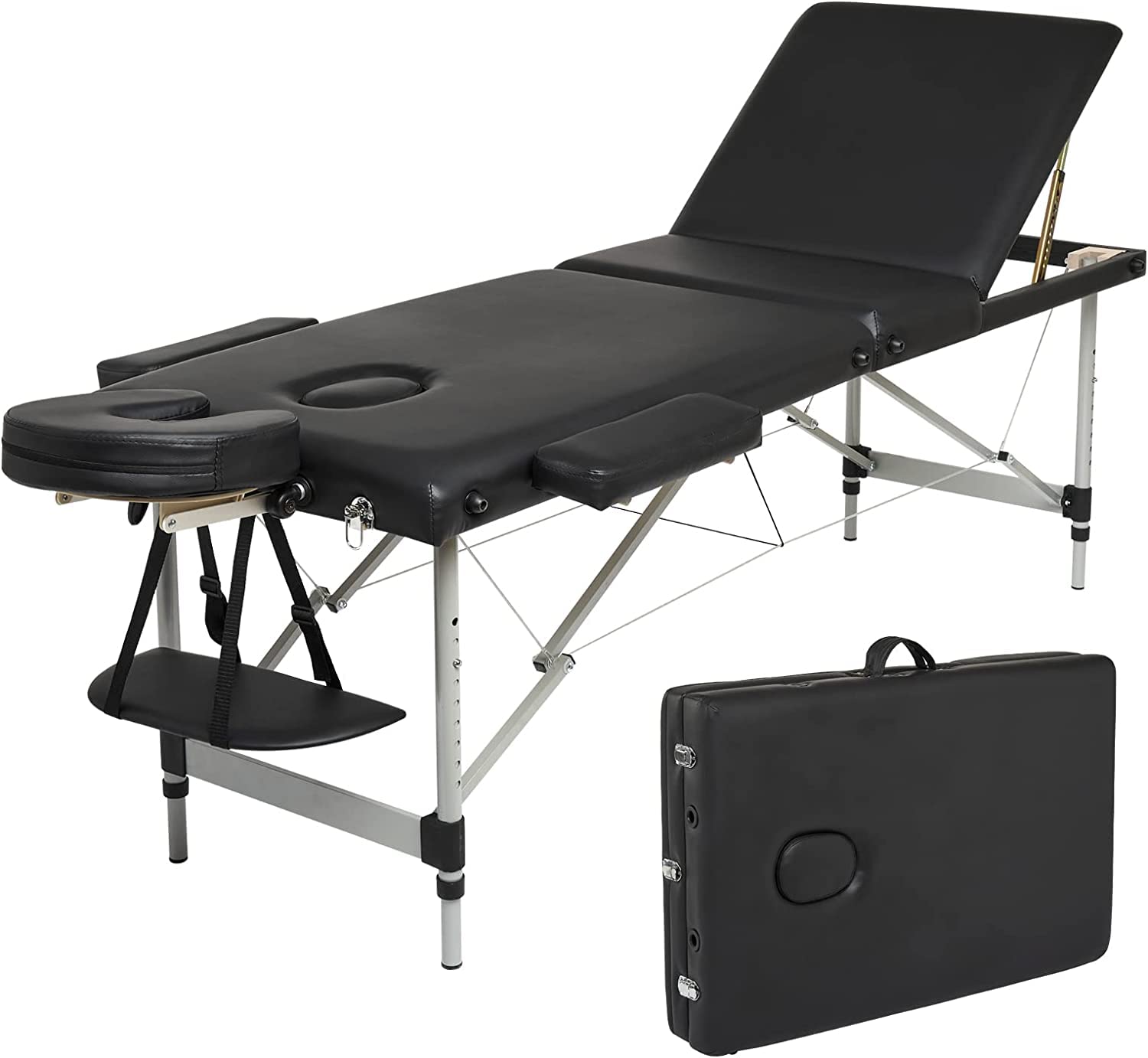 TDOOMassage Table Portable Massage Bed 3-Section Portable Folding SPA Bed, Lightweight, Spa Tattoo Couch Bed, 3/2 Zones with Height-Adjustable, with Carry Bag, Aluminum Feet (Black)