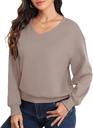 Smile Fish Women V Neck Long Sleeve Sweatshirt Casual Relaxed Cropped Pullover Fleece Lined Warm Tops