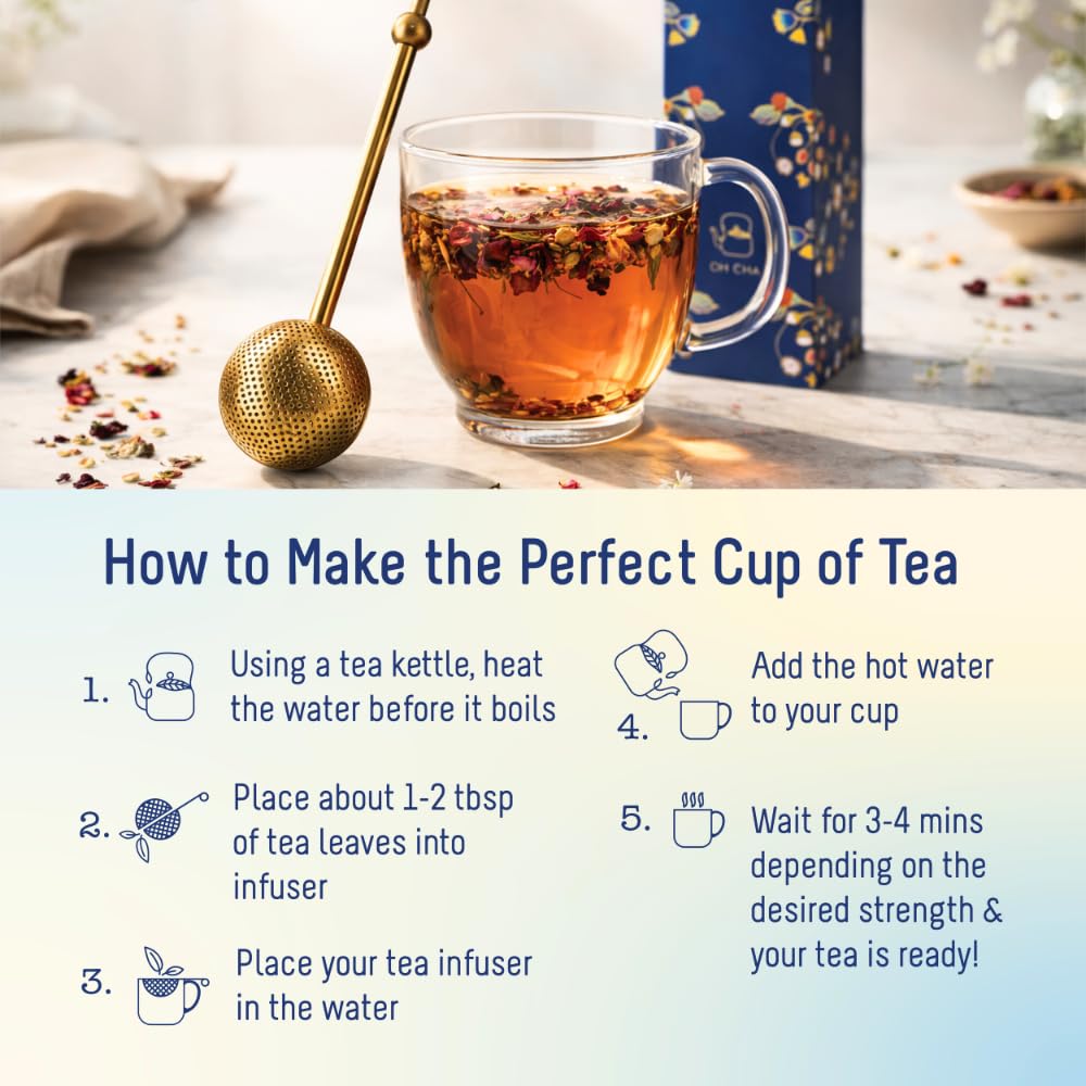 OH CHA - Brass Tea Infuser, Ball Shaped | BPA Free, Durable | Used as Green Tea Infuser, Black Tea, Filter | Tea Strainer for Everyday use | 18cms 4