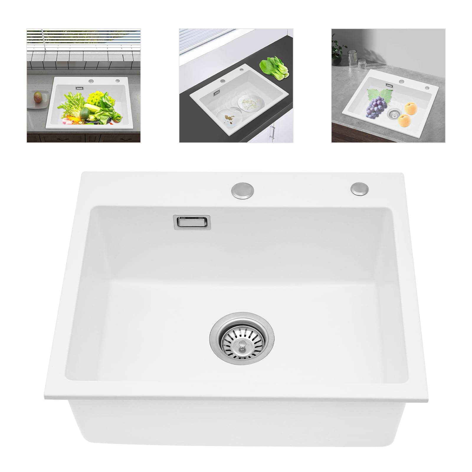 Évier de cuisine, profond, en pierre de quartz, blanc, 1 bac encastrable, capacité de charge d'environ 220,46 kg, bec anti-débordement, pour salles de bains, restaurants, cantines scolaires