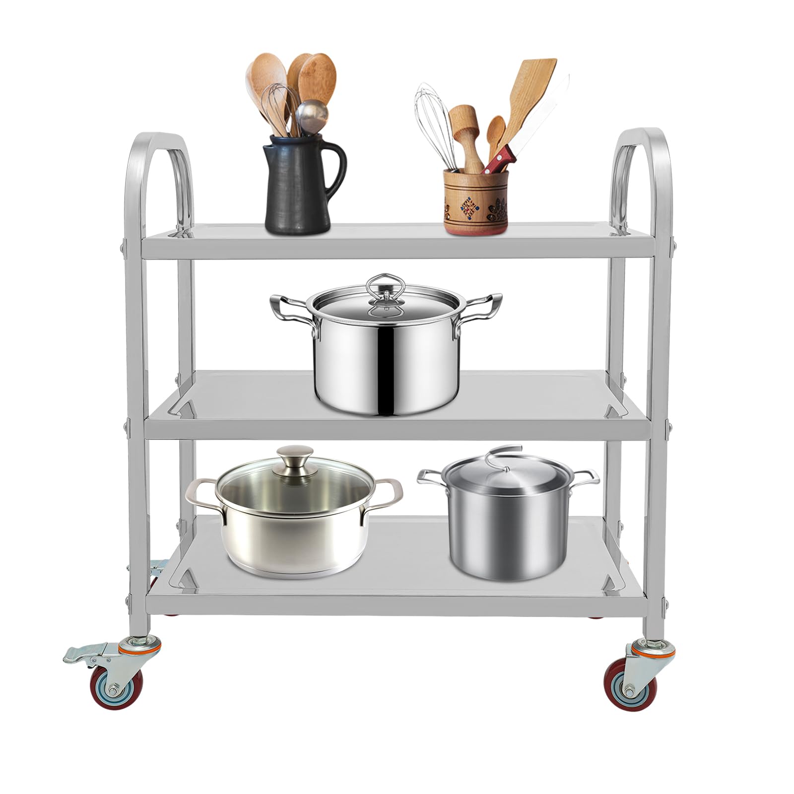 OUKANING Carro de cocina de acero inoxidable con 3 estantes, carro de servicio de alta capacidad de carga y ruedas silenciosas, isla de cocina móvil y estante de cocina para microondas, cocina