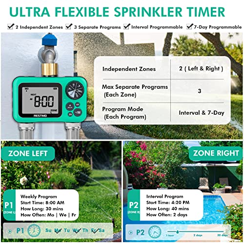 Restmo 2-Outlet Sprinkler Timer With 3 Separate Programs, Interval Or 7-Day Week Programmable Hose Timer, 2 Zone Water Timer With Pure Brass Inlet, Ideal For Garden, Lawn And Control Drip Irrigation #TOP2