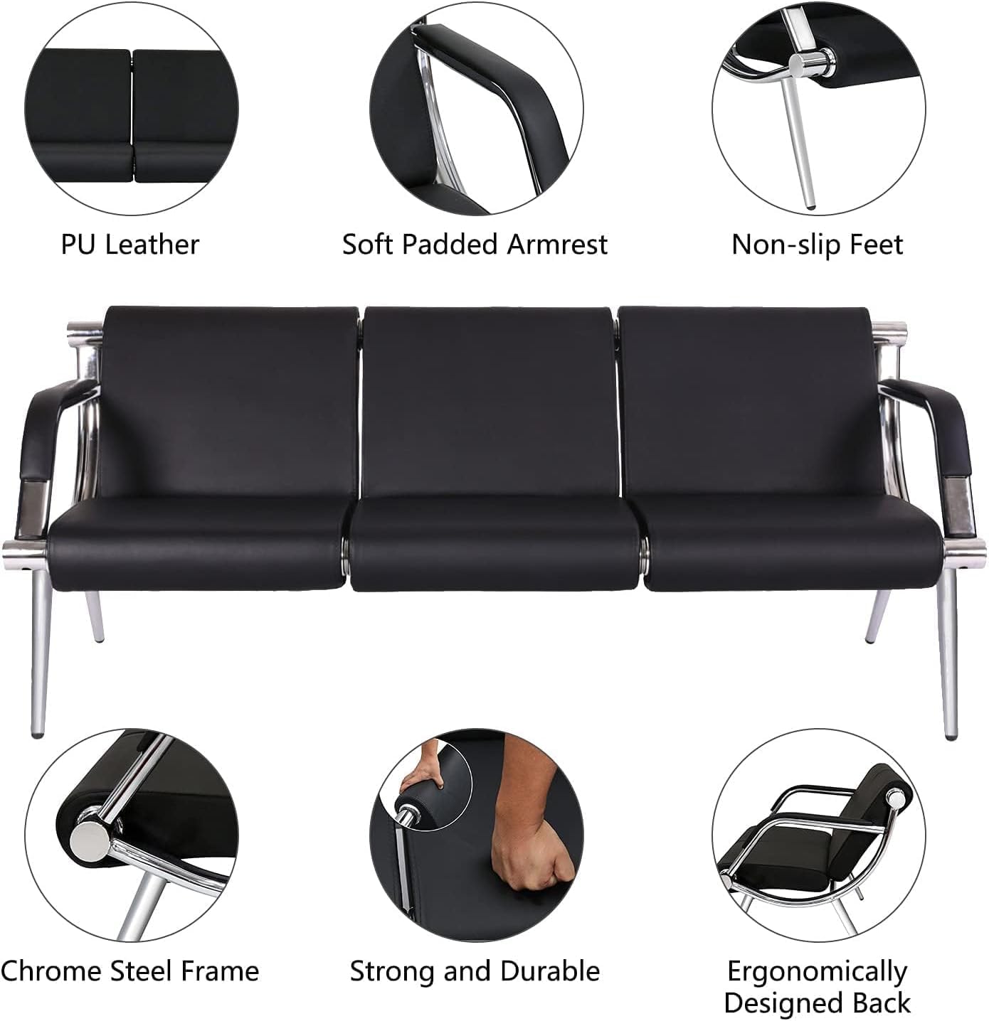 Waiting Room Chairs Reception Furniture, Salon Chair - PU Leather Chair for Guest Reception Waiting Room Airport Hospital Bank (3-Seat)
