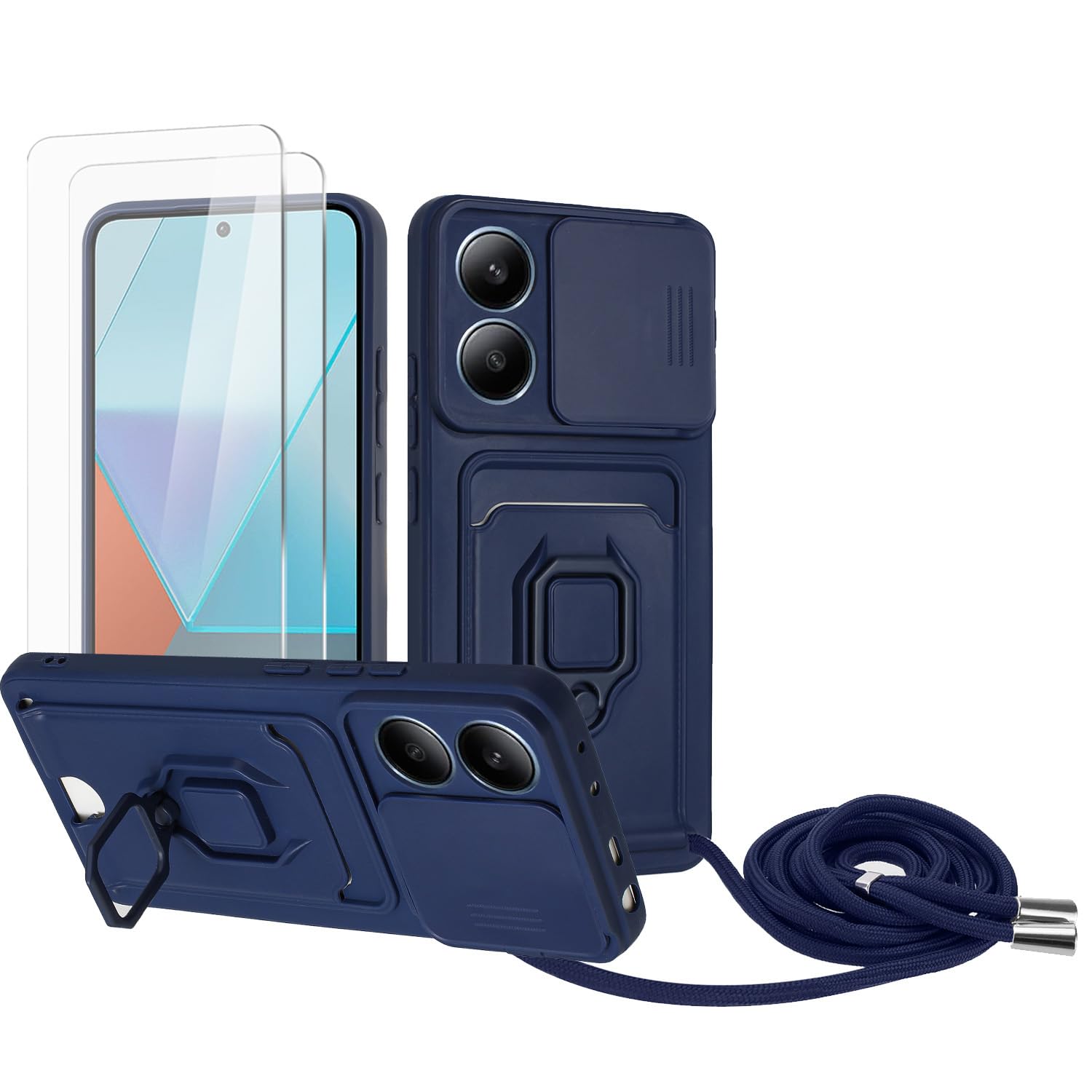 Zallagre Funda con Cuerda Compatible con Redmi Note 13 Pro 5G,[2 Packs Cristal Templado],Ranura para Tarjetas,Cubierta de Cámara Deslizante Proteger,360 Anillo Soporte-Morado — view 70