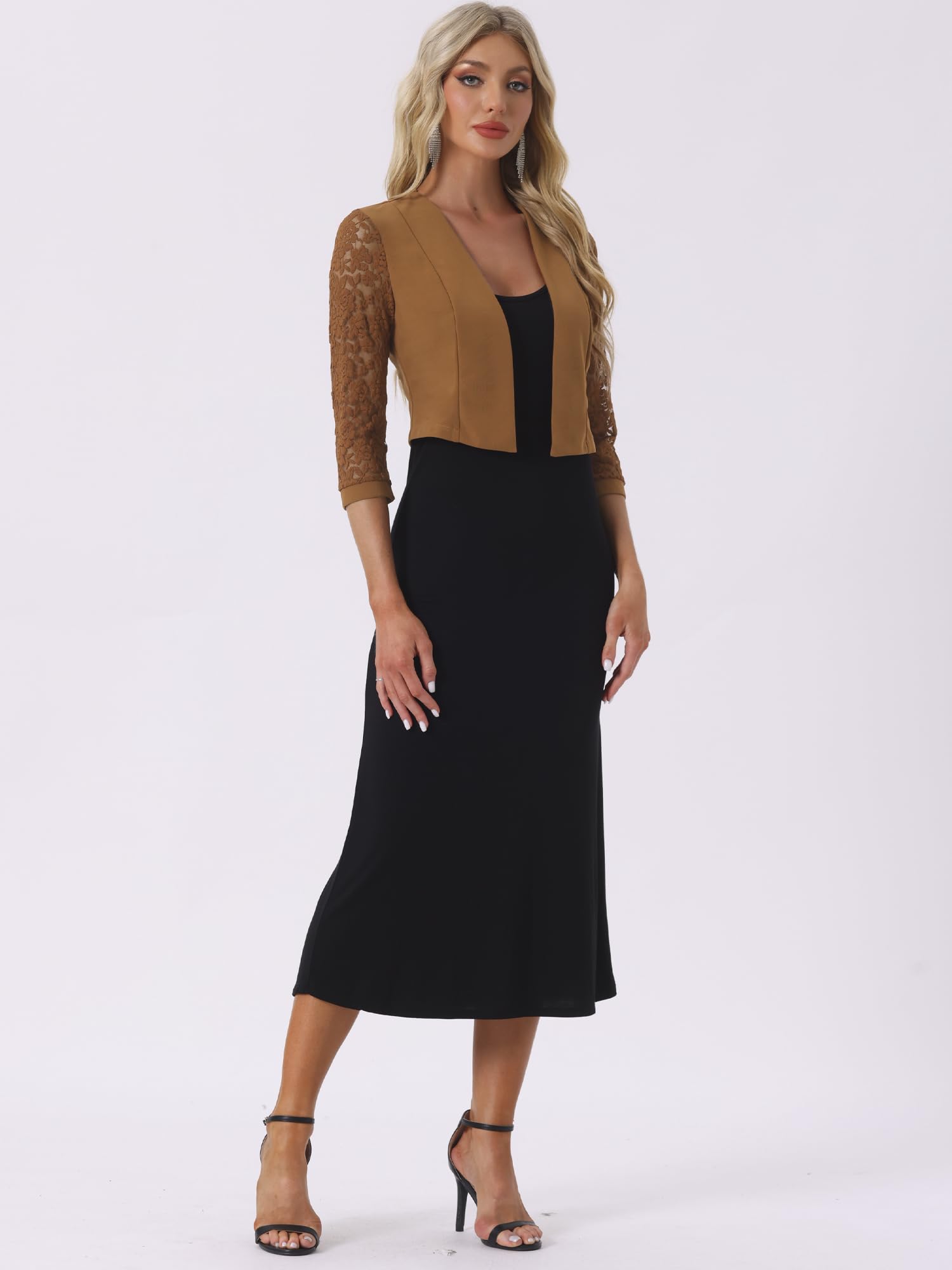 Allegra K Donna Abito Cardigan Pannello in Pizzo Aperto sul Davanti Manica Lunga Lavoro Ufficio Crop Bolero Coprispalle