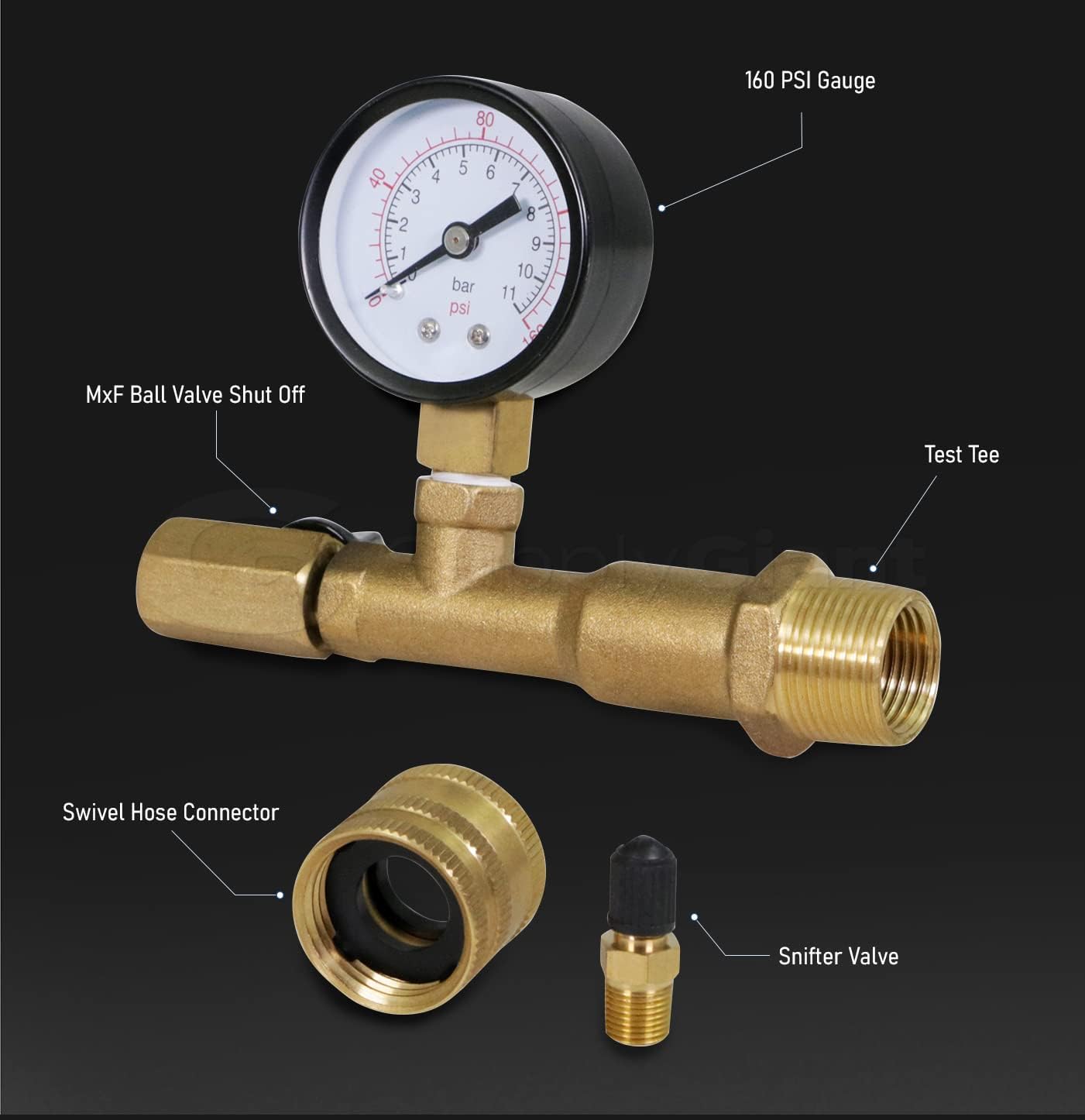 Supply Giant QUL 0-160 PSI Water Pressure Test Kit with Snifter Valve and Swivel Hose Connector, Brass