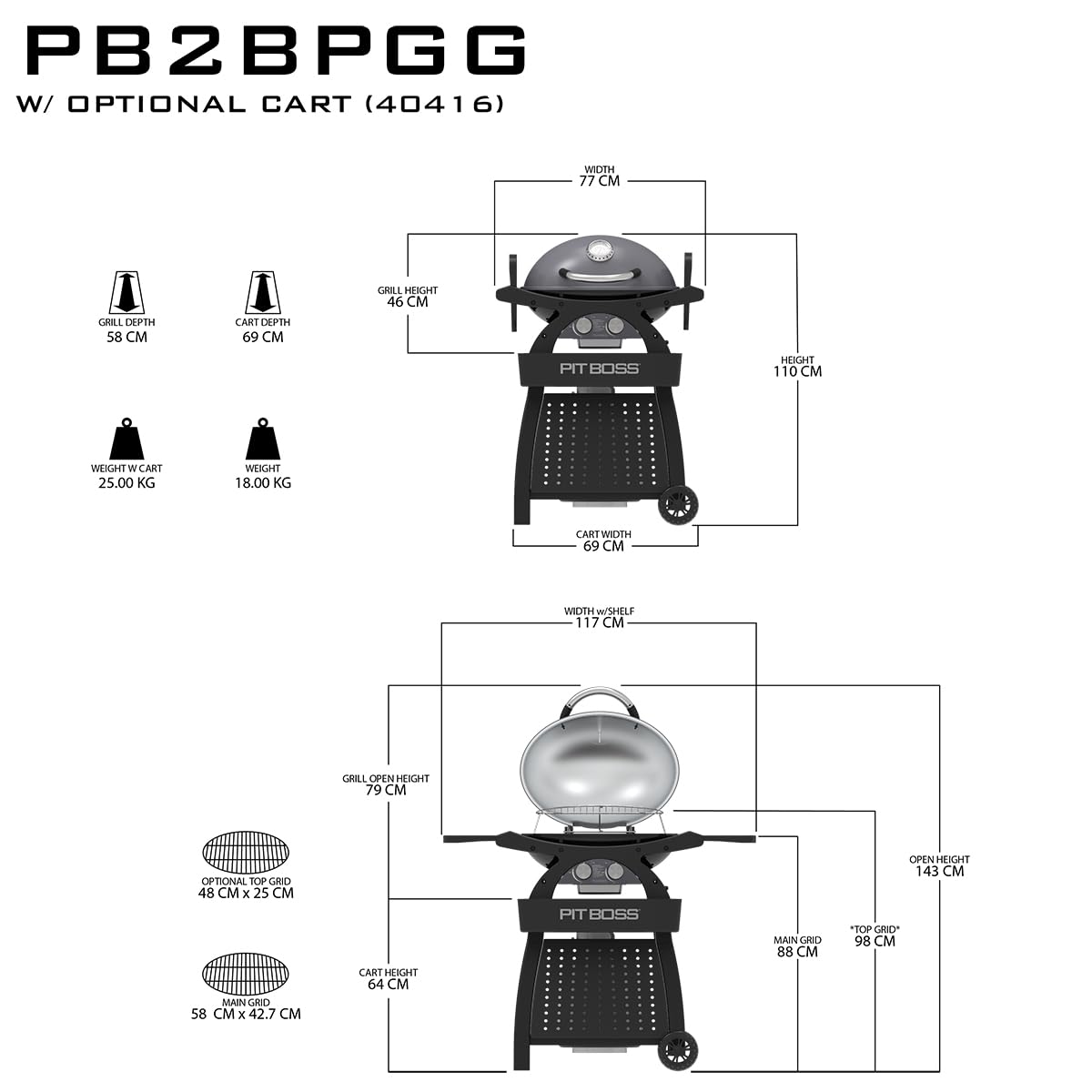PIT BOSS - Barbecue Gas 5.2KW 2 Griglie in fonte Superficie cuisson 58 x 42.5 cm 2 Bruleurs Inox 2 Tablettes Thermomètre SPORTSMAN2