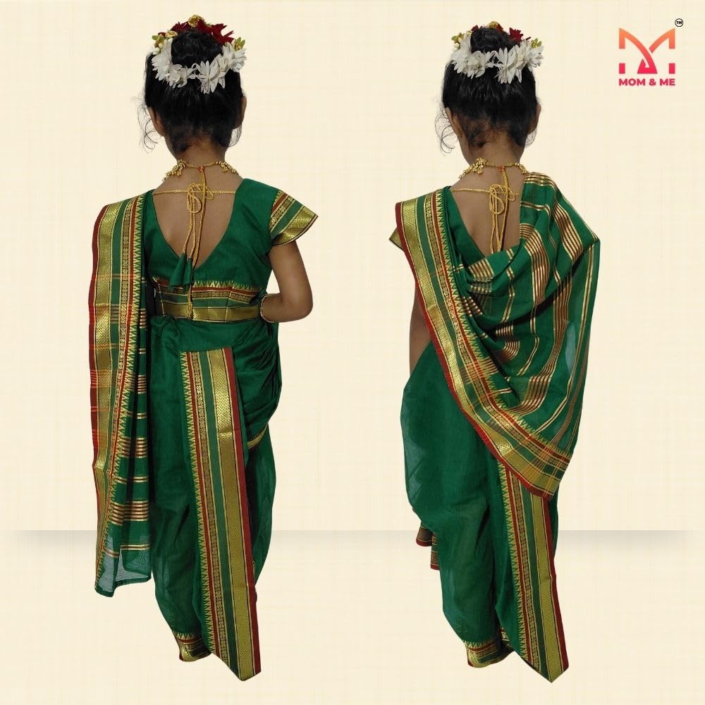 Mom and Me Girls' Ready-to-Wear Mastani Nauwari Saree with Stitched Blouse | Traditional Maharashtrian Ilkal Border | Soft Acrylic Cotton | Age 12 Months to 15 Years (Green, 8-9 Years) - Image 4 thumbnail