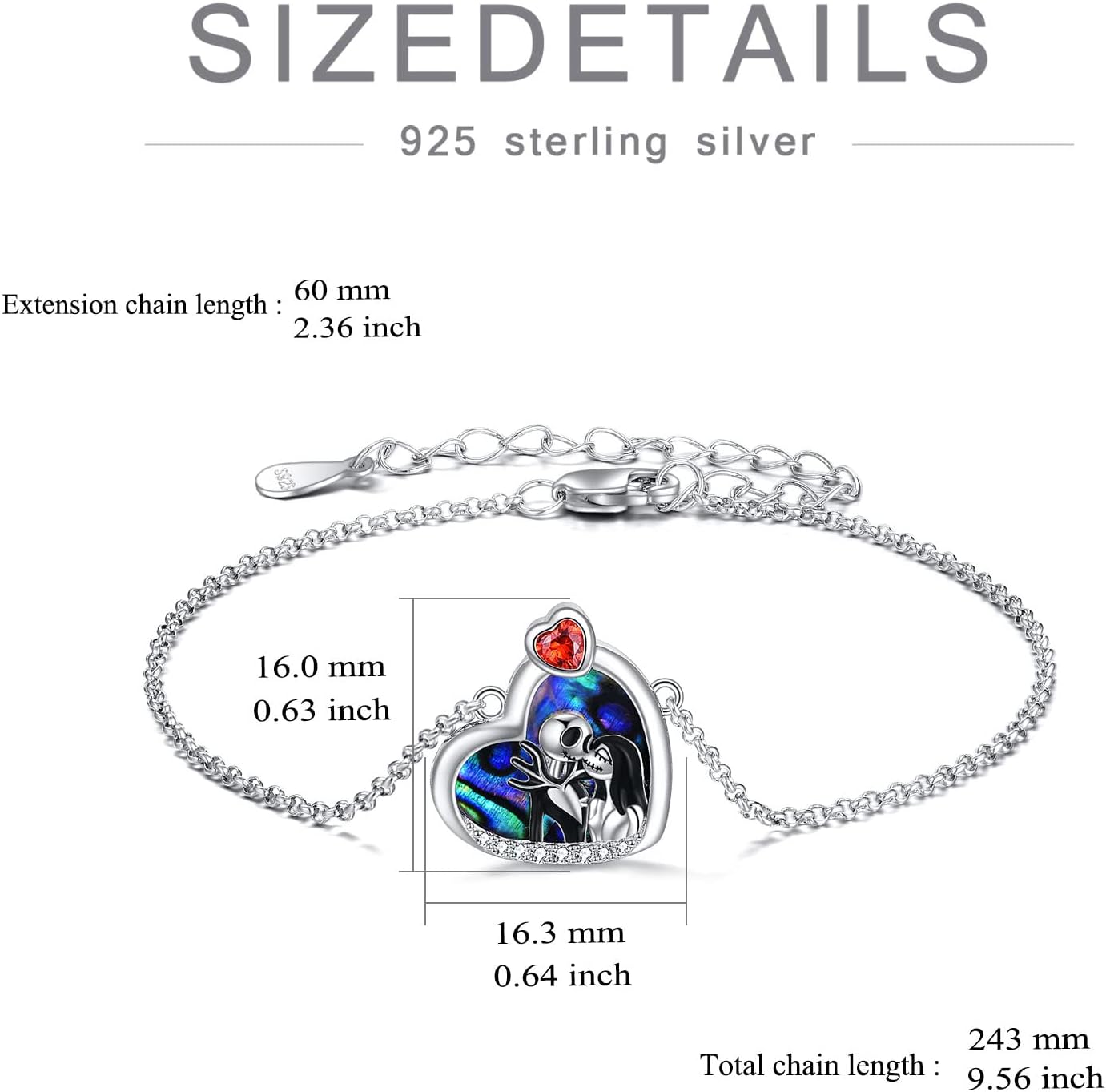 LILALO Nightmare Bracelet Sterling Silver Crystal Jack and Sally Bracelets Skull Jewelry