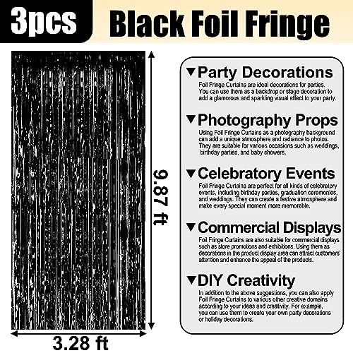 Image of 3 Pack Black Foil Fringe Curtain Backdrop, 3.28Ft x 9.8Ft Metallic Tinsel Foil Fringe Streamer Curtains for Photo Booth, Christmas Day, Thanksgiving, Wedding, New Year Party Decorations
