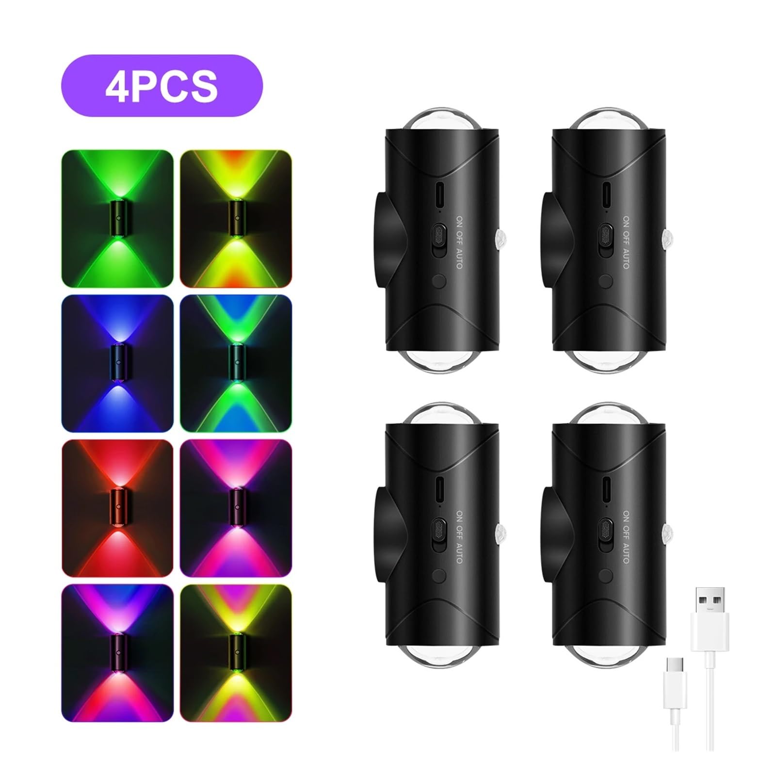Luce LED con sensore di movimento, 8 effetti di luce, design su/giù, lampade da parete ricaricabili senza fili for interni, camera da letto, corridoio(BLACK-4PCS)
