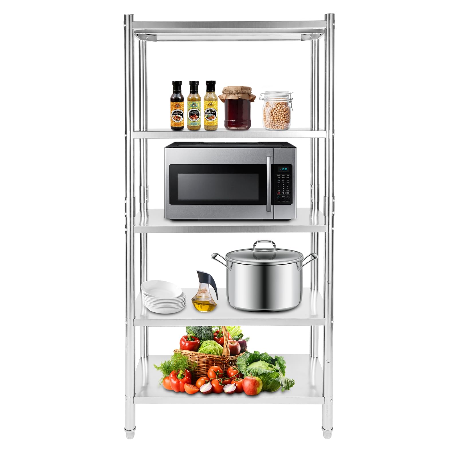 BANLICALI 5-Tier Shelving Stainless Steel Shelving Rack with Each Tier Load-Bearing 200 Lbs, Silver Heavy Duty Storage Shelves for Kitchen Organization, Garage Storage, 11.8