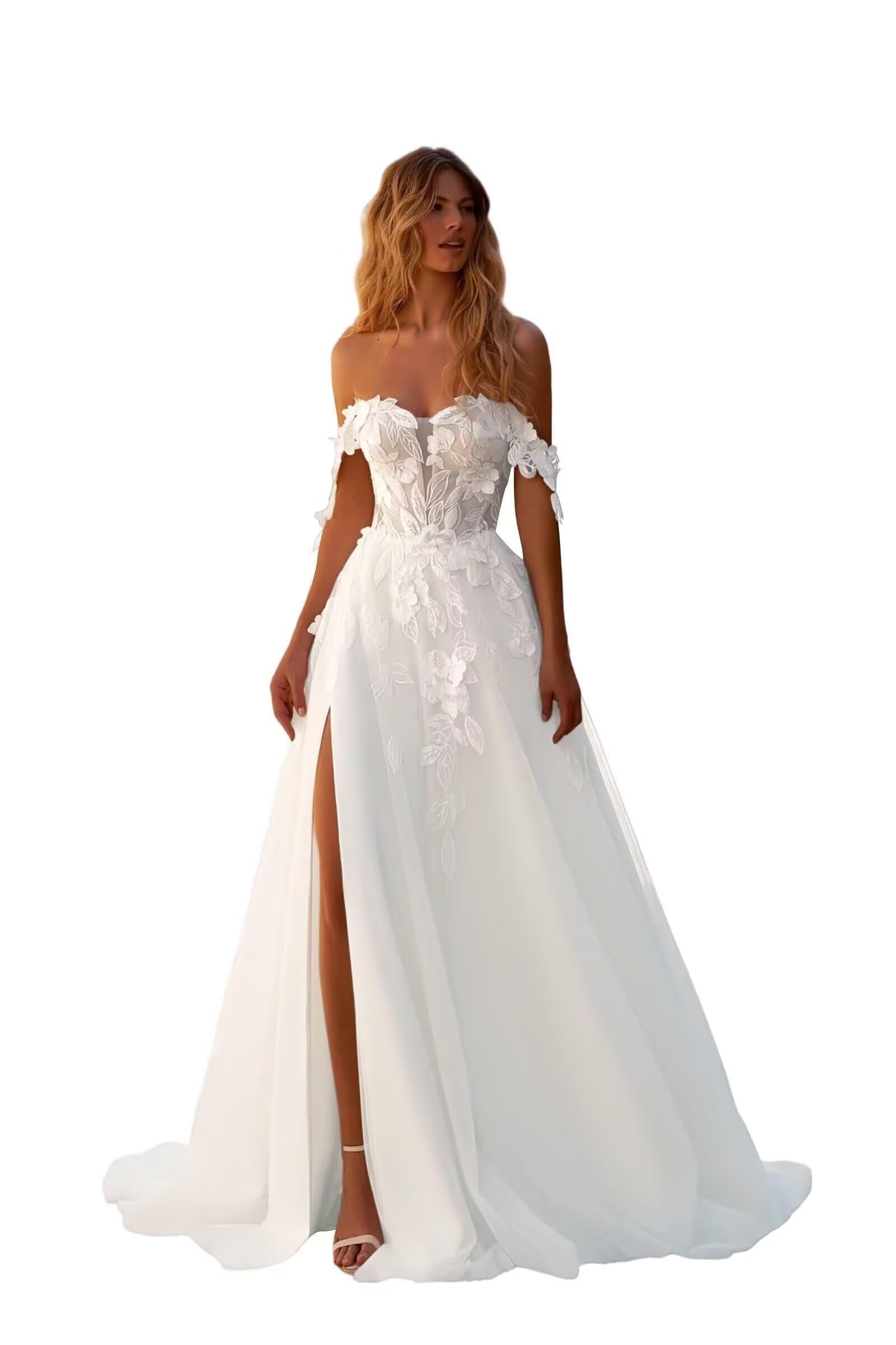 Damen Boho Beach Spitzenapplikationen Brautkleider Lang Braut Hochzeitskleider Prinzessin V-Ausschnitt Standesamt Brautkleid