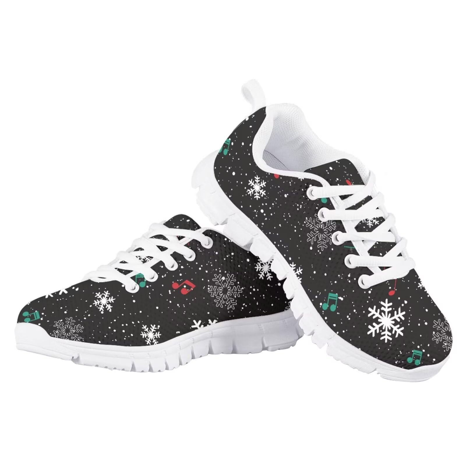 Snowflake Colorful Musical Note Christmas Shoes for Girls Lace Up Walking Tennis Sneakers White Sole
