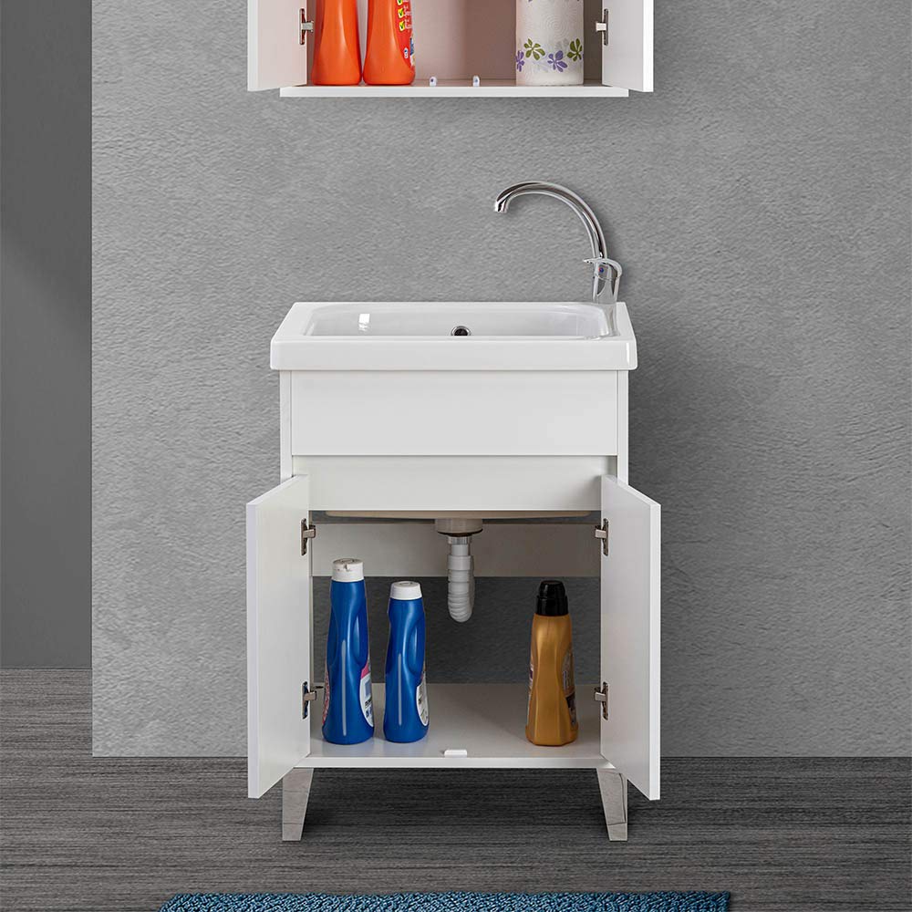 Inbagno Mobile lavatoio per Lavanderia con Vasca in Ceramica, L.61xP.51xH.87,5 cm, Linea Way in Diverse colorazioni, Vasca con strofinatoio Integrato (Bianco Lucido)