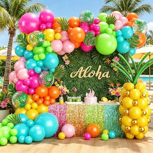 GLIMCHET 146Pcs Tropical Balloon Arch Kit with Hot Pink Lime Green Teal Yellow Orange Gold Green Long Balloons Palm Leaves for Hawaiian Luau Aloha Summer Flamingo Beach Pool Birthday Party Decorations