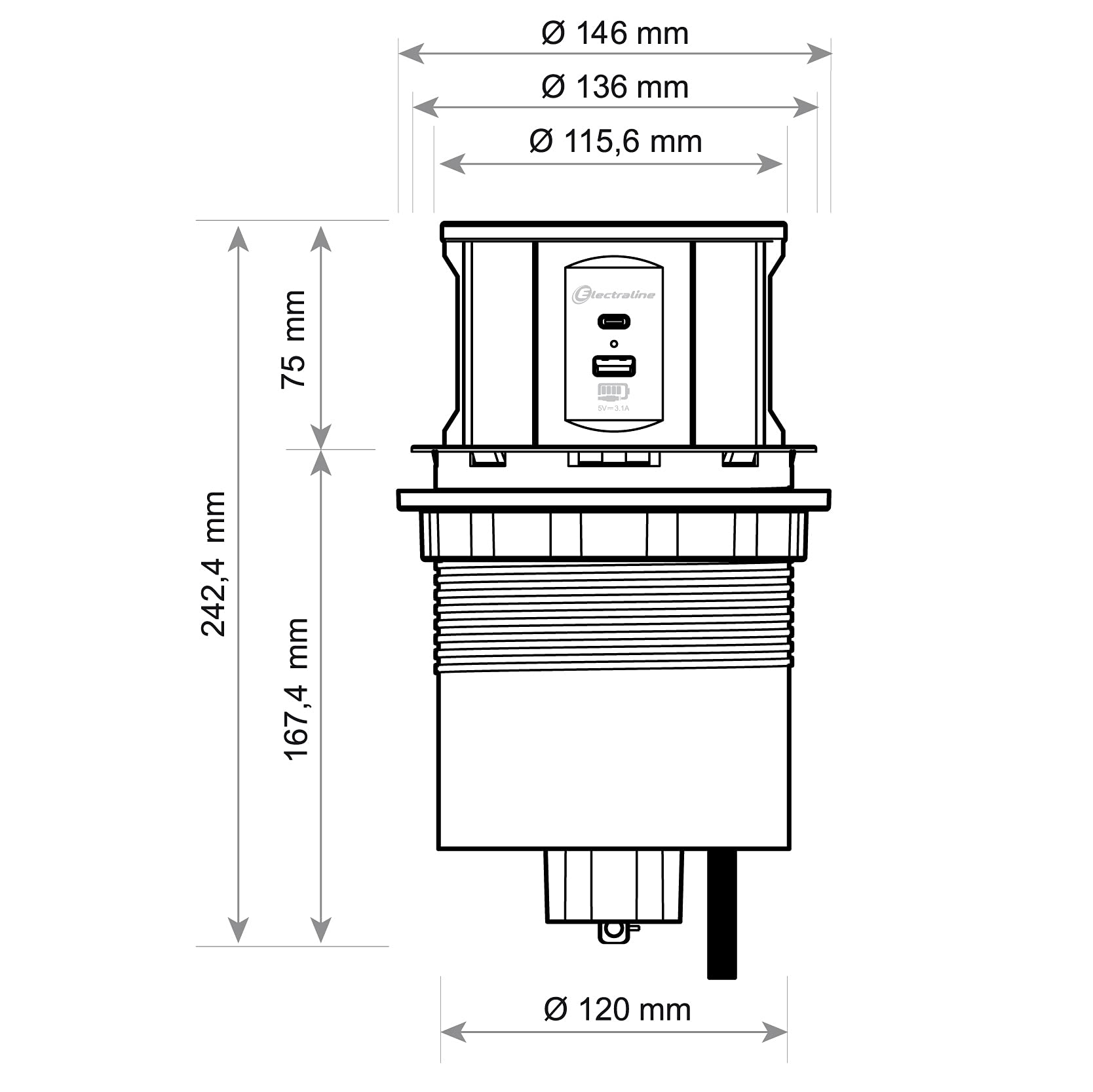 Electraline 35446 - Regleta de enchufes retráctiles (3 16 A, estándar francés, 2 3,1 A, 1 USB Tipo C, 15,5 W, Enchufe empotrable para Cocina, diámetro 120 mm, 2 m, Negro, Vertical