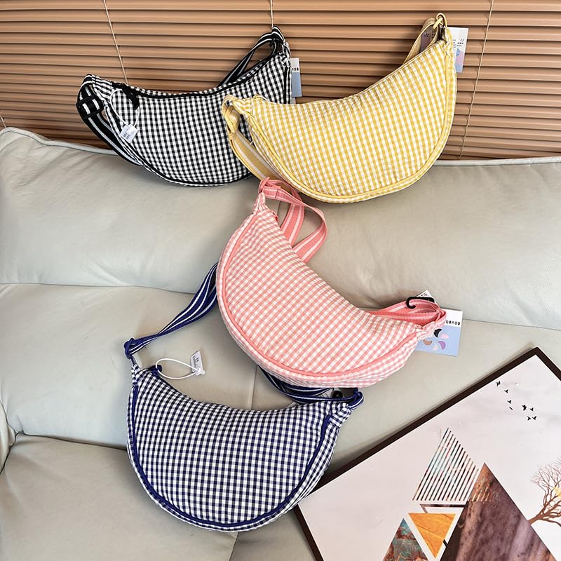 Checkered Crescent Bag Nylon Crossbody Bags for Women - Hobo Shoulder Purse Plaid Lightweight Sling Moon Purse3