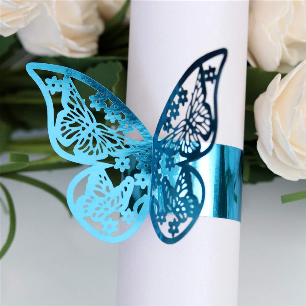 Lavandi 100pcs 3D New Butterfly Paper Napkin Rings Weddings Party Serviette Table Decoration Restaurant (Reflective Blue)