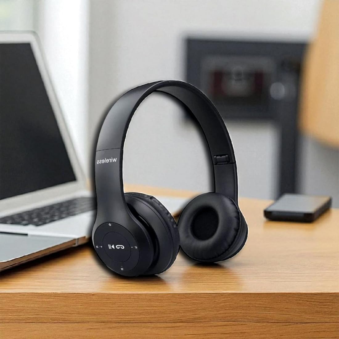 Wanzhow Wireless Bluetooth Headphones, Over-Ear Design, Matte Black with Mic, Deep Bass, Foldable Over-Ear Headset-image-4