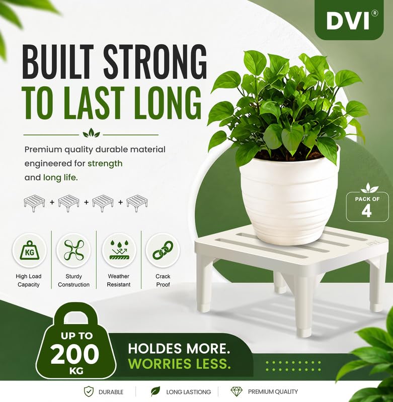 Image of DVI Heavy Duty White Plant Stand | Pack of 4 | Strong, Durable, Rust-Proof | Supports Up to 200 Kg | Indoor & Outdoor Use | Pot Stand for Big Size Plants | All Weather Resistant Pot Stand