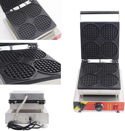 Miniatura 5 de Máquina eléctrica de gofres de forma redonda comercial, 4 piezas, máquina de gofres belga antiadherente, máquina de gofres panadero (forma redonda)