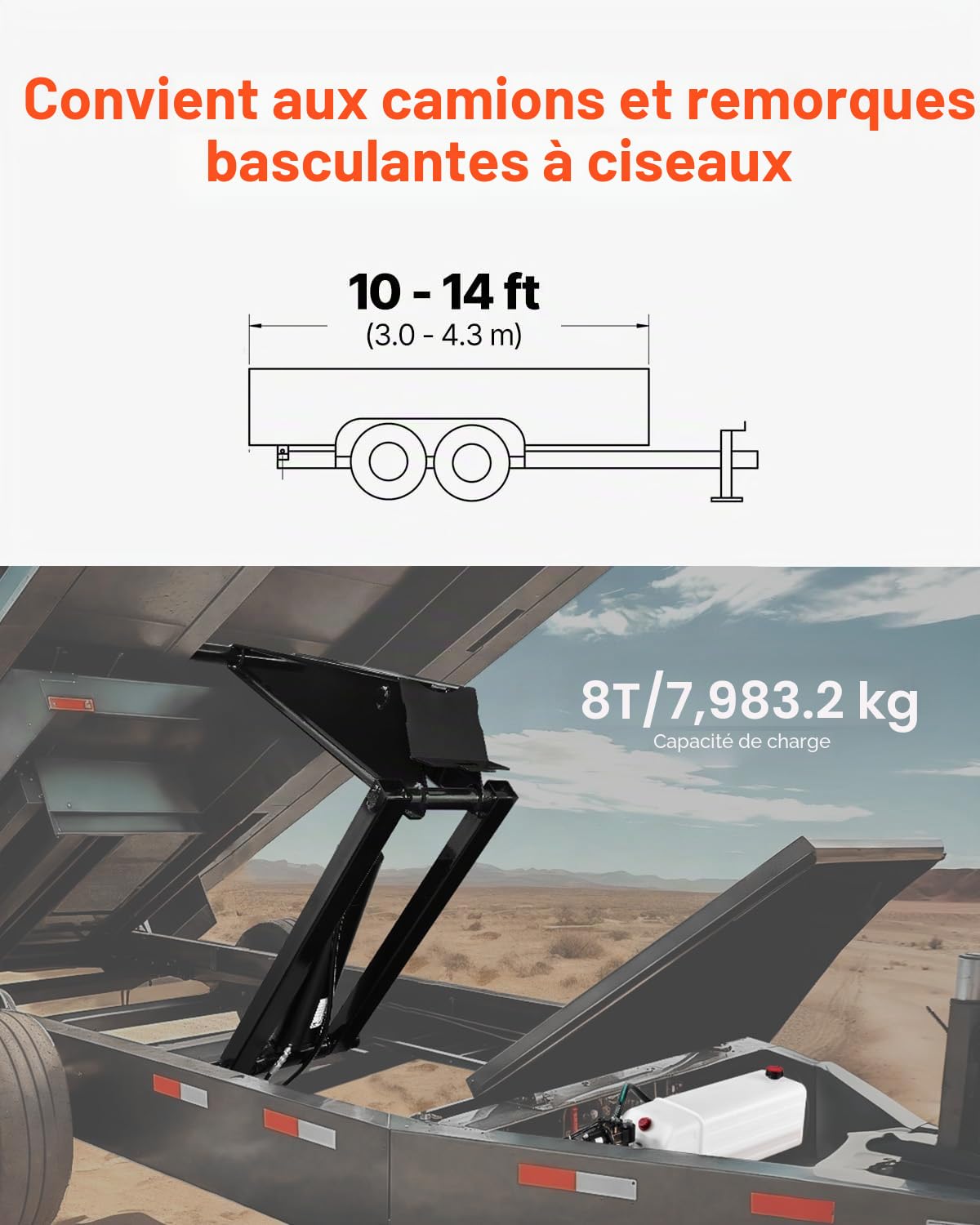 VEVOR Système de Levage Hydraulique de Camion-benne Capacité 8 T, Kit de Mini Centrale Hydraulique pour Remorque Basculante avec Pompe Hydraulique 12 V, pour Camion à Benne Basculante, Transport