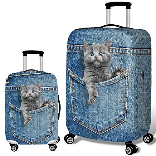 Preisvergleich Produktbild Elastisch Kofferhülle mit Reißverschluss 18-32 Zoll Denim Kätzchen Verschleißfeste Luggage Cover Reisekoffer Hülle Kofferschutzhülle Gepäck Cover Kofferbezug Schutzbezug Kofferschutz F2 M-22-24"