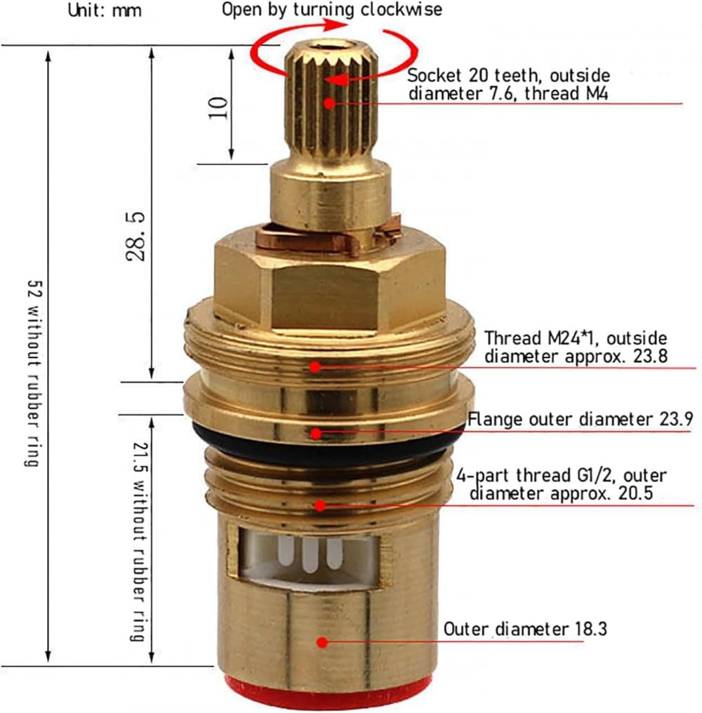 Replacement Brass Ceramic Stem Disc Cartridge Mixer Hot And Cold Tap Inner Faucet Valve er Turn G1/2" For Bathroom Kitchen Tap Cartridge,-Red+Blue