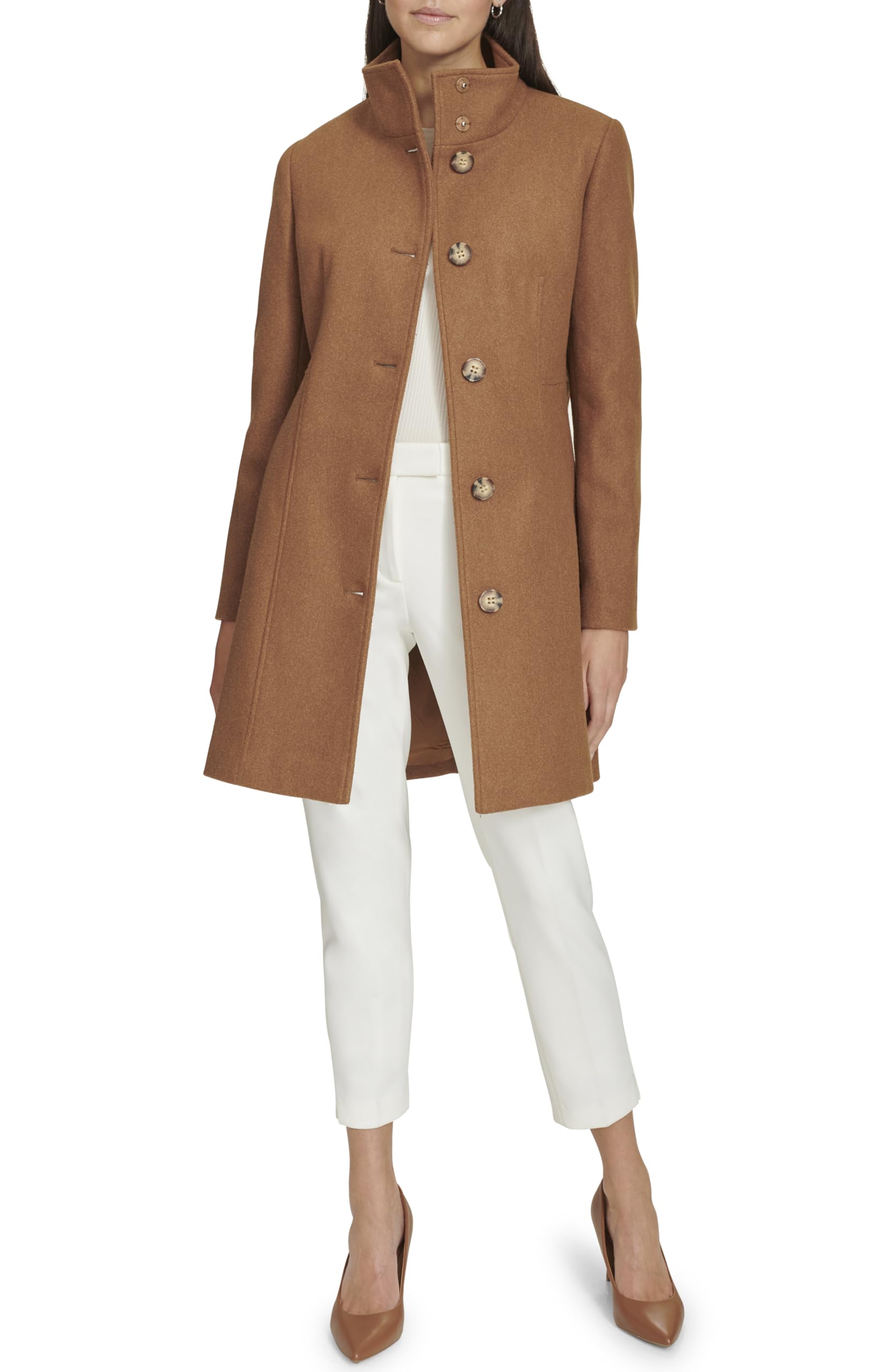 Calvin Klein Damen Faux Wool Coat – Long Button Front Dress Coat With Stand Collar Erbsenmantel (1er Pack)